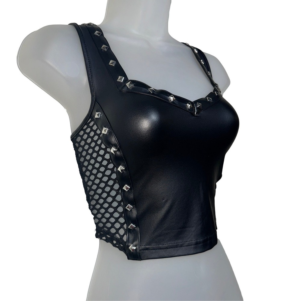 New Small Vegan Leather‎ Goth Sleeveless Mesh Studded Crop Tank Top Bustier - Picture 2 of 5